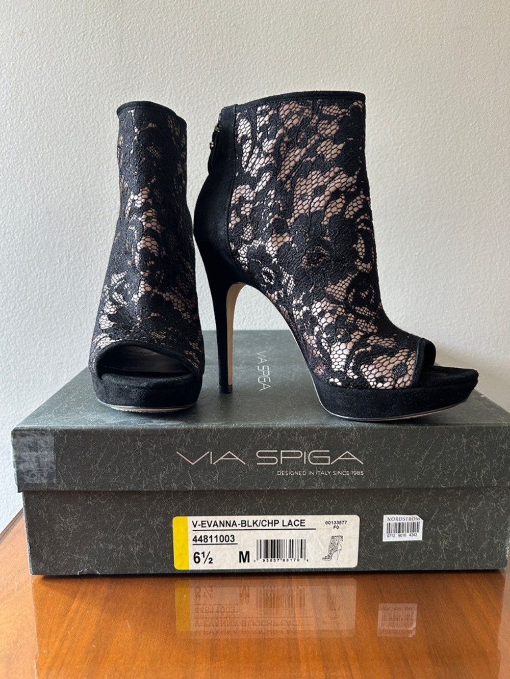 Via Spiga Black Lace Peep-Toe Ankle Booties